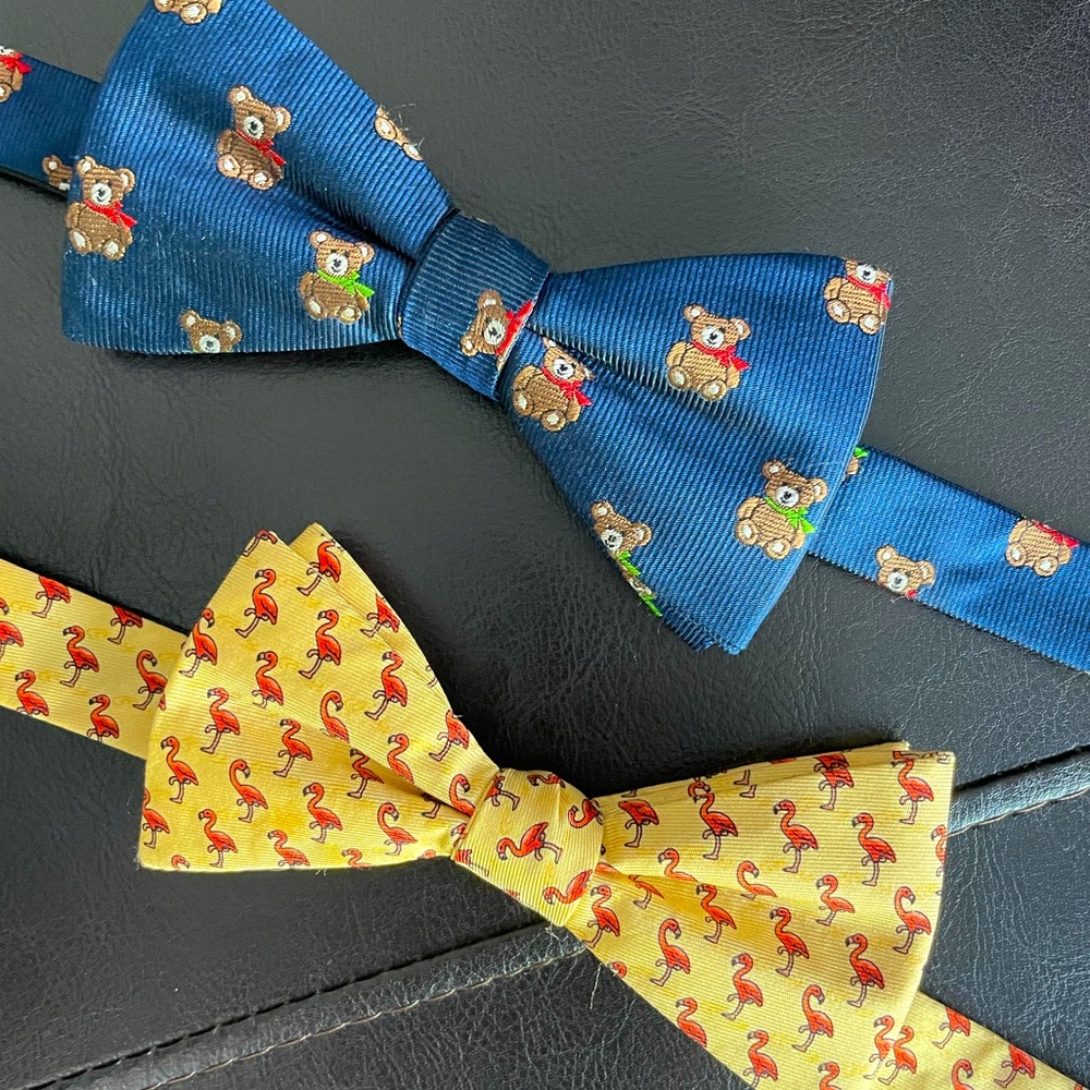 Men’s silk bow tie flamingos and teddy bear set of 2 neck tie